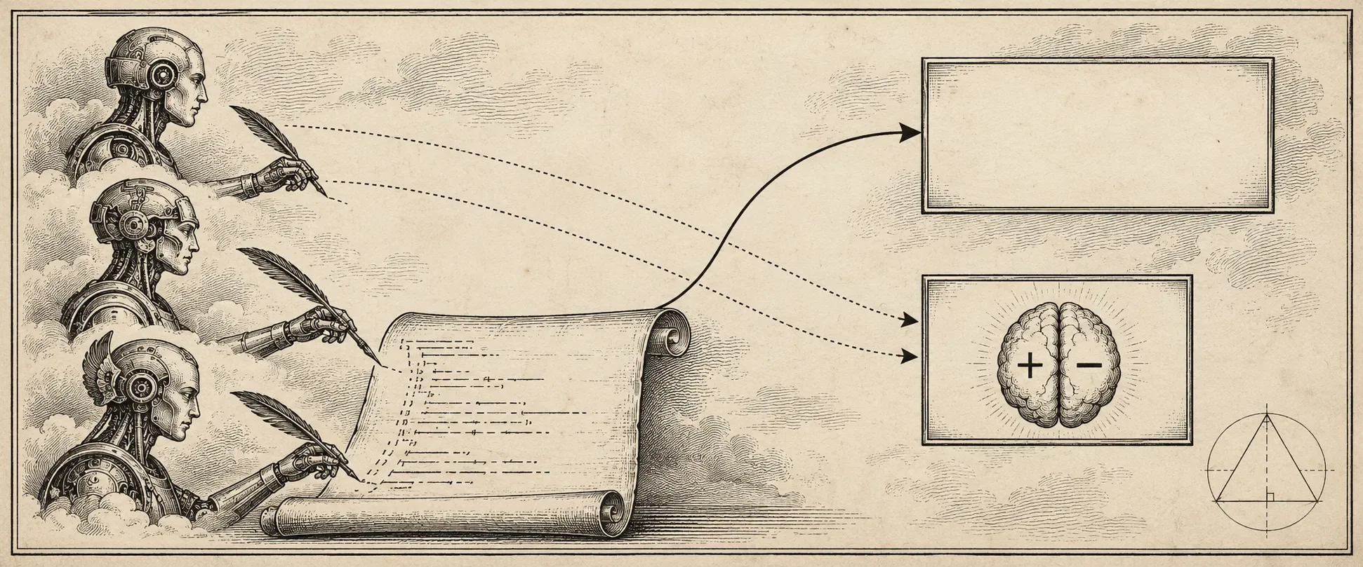 Three engraved robot coders write one scroll of code. A solid arrow carries the code to the black-box monitors; dotted arrows run from coders B and A to the Neuron Jury, a brain with plus and minus poles.